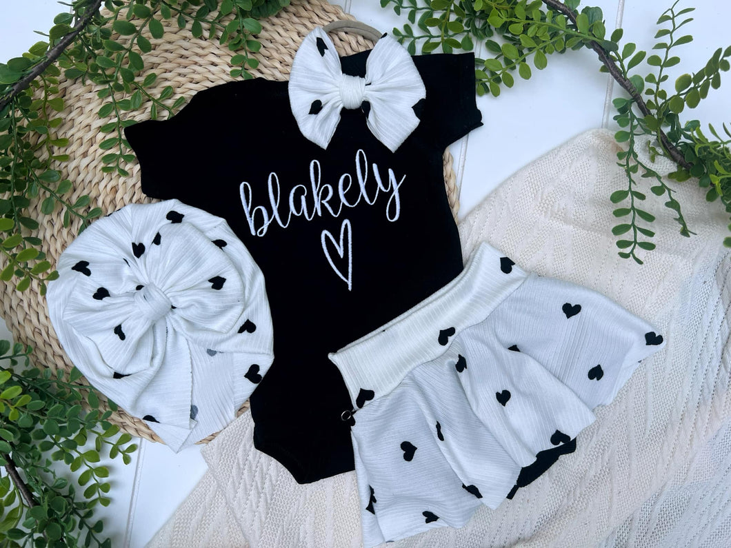 Personalized Baby Girl Outfit | Black Bodysuit Hearts Skirt White Baby Name