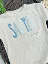 Load image into Gallery viewer, Personalized Kid Shirt | Oatmeal Shirt - Matching Sibling Light Blues
