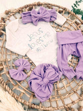 Load image into Gallery viewer, Baby Girl Outfit | Oatmeal Bodysuit Jesus Love Me - Purple
