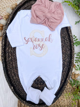 Load image into Gallery viewer, Personalized Baby Girl Outfit | White Romper Ivory Lace Letter Pink Baby Name

