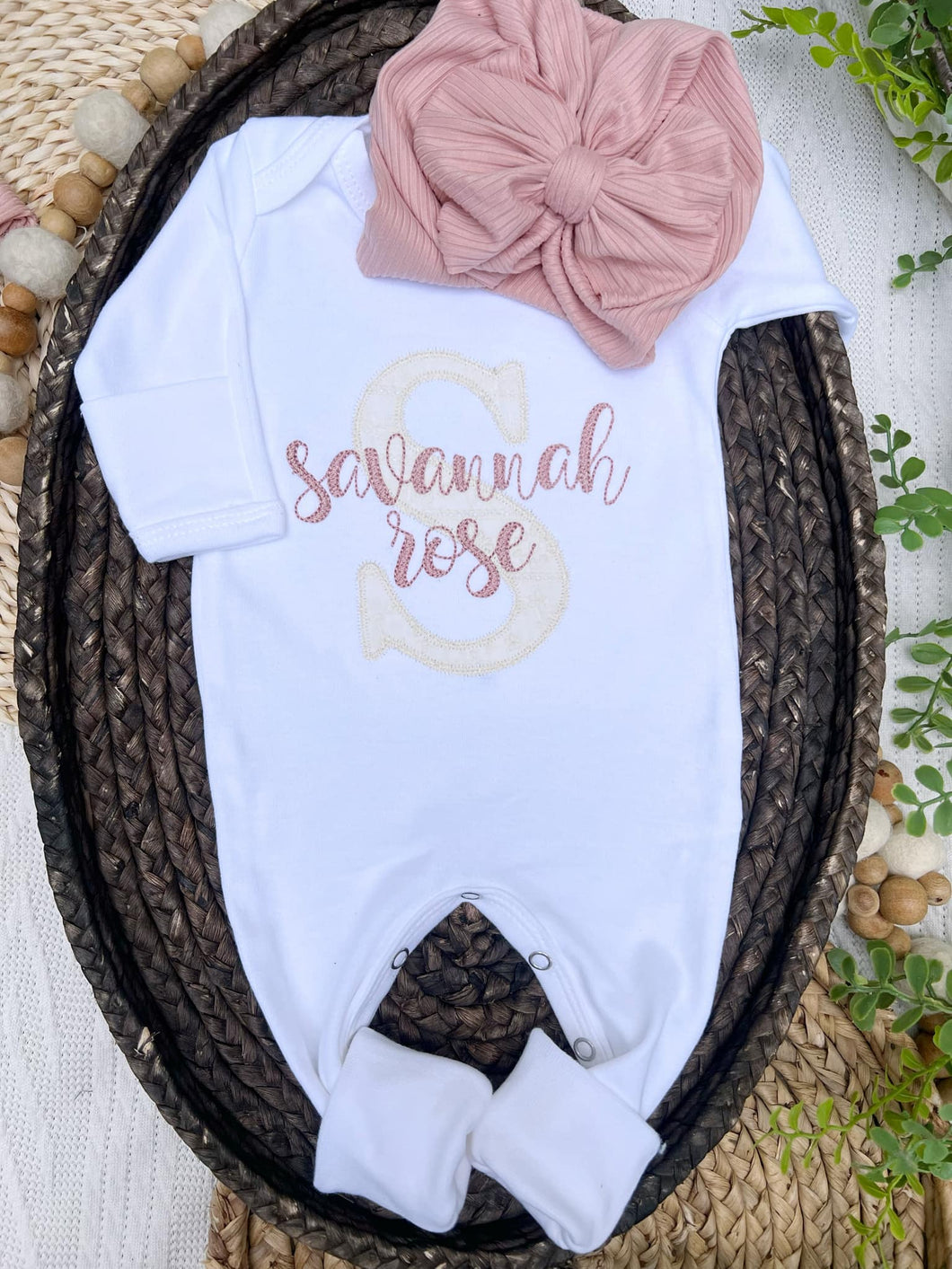 Personalized Baby Girl Outfit | White Romper Ivory Lace Letter Pink Baby Name