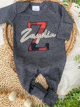 Load image into Gallery viewer, Personalized Baby Boy Name Outfit | Charcoal Gray Romper Red Buffalo Plaid Initial Tan Felt Name
