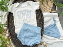 Load image into Gallery viewer, Personalized Baby Boy Outfit | Oatmeal Beige Bodysuit Soft Blue Tan Custom Baby Name
