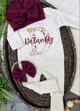 Load image into Gallery viewer, Personalized Baby Girl Outfit | Oatmeal Romper Tan Burgundy Floral Initial Custom Baby Name
