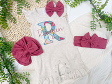Load image into Gallery viewer, Personalized Baby Girl Outfit | Oatmeal Flutter Sleeve Ruffle Romper Floral Bright Blue Baby Name
