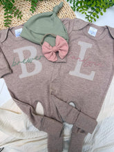 Load image into Gallery viewer, Personalized Twin Outfit | Mocha Brown Romper Beige Stripe Pink Green Baby Name
