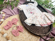Load image into Gallery viewer, Personalized Baby Girl Outfit | Oatmeal Bodysuit Floral Skirt Pink Baby Name
