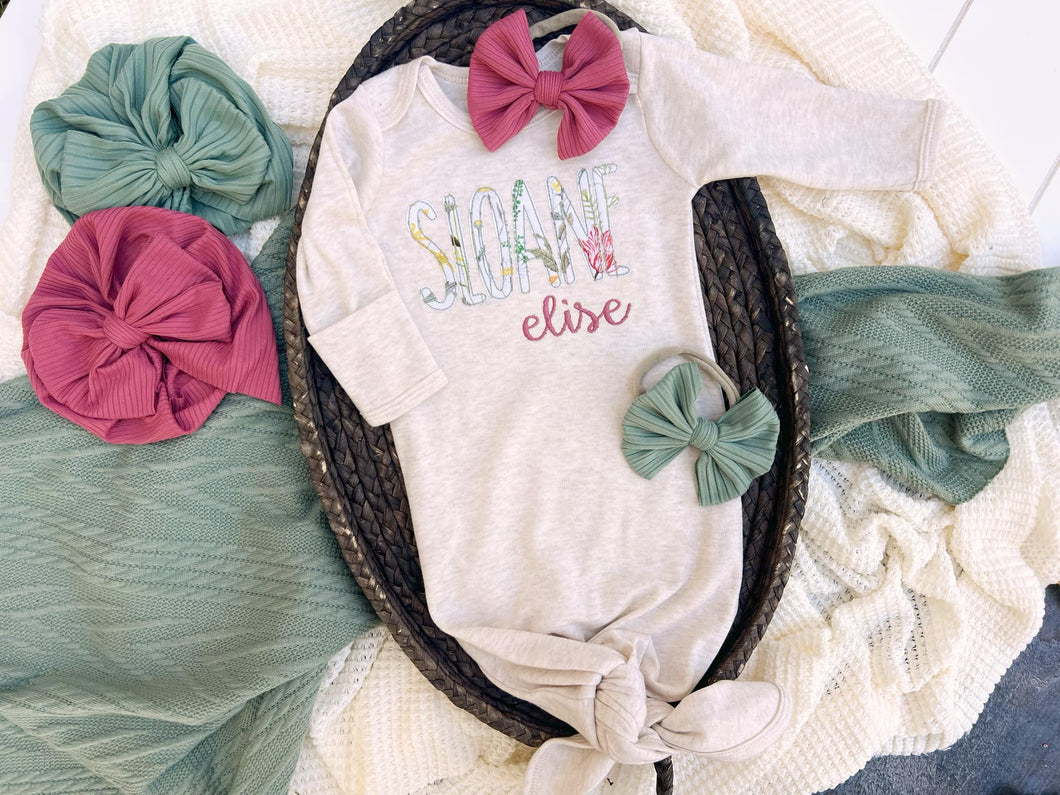 Personalized Baby Girl Outfit | Oatmeal Knotted Gown Floral Pink Green - Sloane