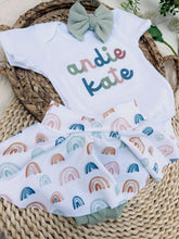 Load image into Gallery viewer, Personalized Baby Girl Outfit | White Bodysuit Boho Rainbow Skirt Baby Name

