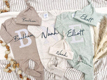 Load image into Gallery viewer, Personalized Baby Boy Outfit | Oatmeal, Sage, Mocha Romper Beige Stripe Initial Baby Name
