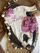 Load image into Gallery viewer, Personalized Baby Girl Outfit | Oatmeal Beige Romper Ellison Purple Chunky Chain Stitch Baby Name - Lucy
