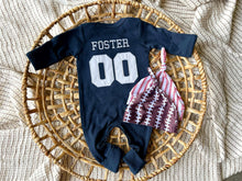 Load image into Gallery viewer, Personalized Baby Boy Outfit | Navy Romper - Jersey Style Football Baseball Baby Name
