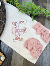 Load image into Gallery viewer, Personalized Baby Girl Outfit | Oatmeal Beige Romper Floral Golden Pink Baby Name

