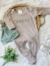 Load image into Gallery viewer, Personalized Newborn Baby Boy Outfit | Mocha Romper Dark Sage Green Chunky Chain Baby Name - Cooper
