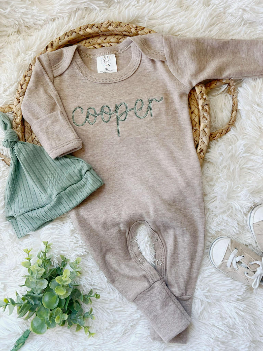 Personalized Newborn Baby Boy Outfit | Mocha Romper Dark Sage Green Chunky Chain Baby Name - Cooper