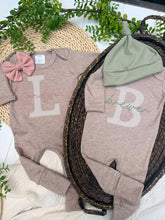 Load image into Gallery viewer, Personalized Twin Outfit | Mocha Brown Romper Beige Stripe Pink Green Baby Name
