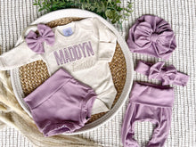 Load image into Gallery viewer, Personalized Baby Girl Outfit | Oatmeal Beige Bodysuit Soft Purple Beige Baby Name

