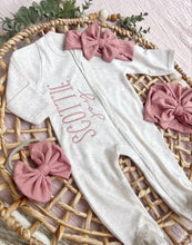 Load image into Gallery viewer, Personalized Baby Girl Newborn Outfit | Oatmeal Zip Romper Custom Color Baby Name
