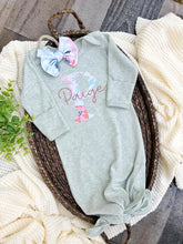 Load image into Gallery viewer, Personalized Baby Girl Outfit | Sage Knotted Gown Floral Pink Green - Paige
