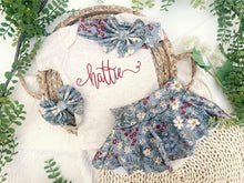 Load image into Gallery viewer, Personalized Baby Girl Outfit | Oatmeal Bodysuit Floral Gray Skirt Baby Name
