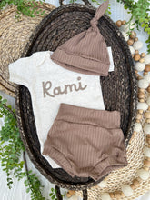 Load image into Gallery viewer, Personalized Baby Boy Outfit | Oatmeal Bodysuit Chocolate Brown Baby Name
