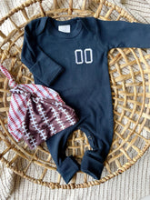 Load image into Gallery viewer, Personalized Baby Boy Outfit | Navy Romper - Jersey Style Football Baseball Baby Name
