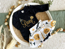 Load image into Gallery viewer, Personalized Halloween Baby Girl Outfit | Black Bodysuit Pumpkin Skirt Baby Name

