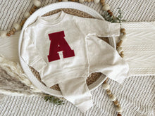 Load image into Gallery viewer, Personalized Baby Sweatshirt Set | Oatmeal Pullover Red Letter Game Day Baby Name

