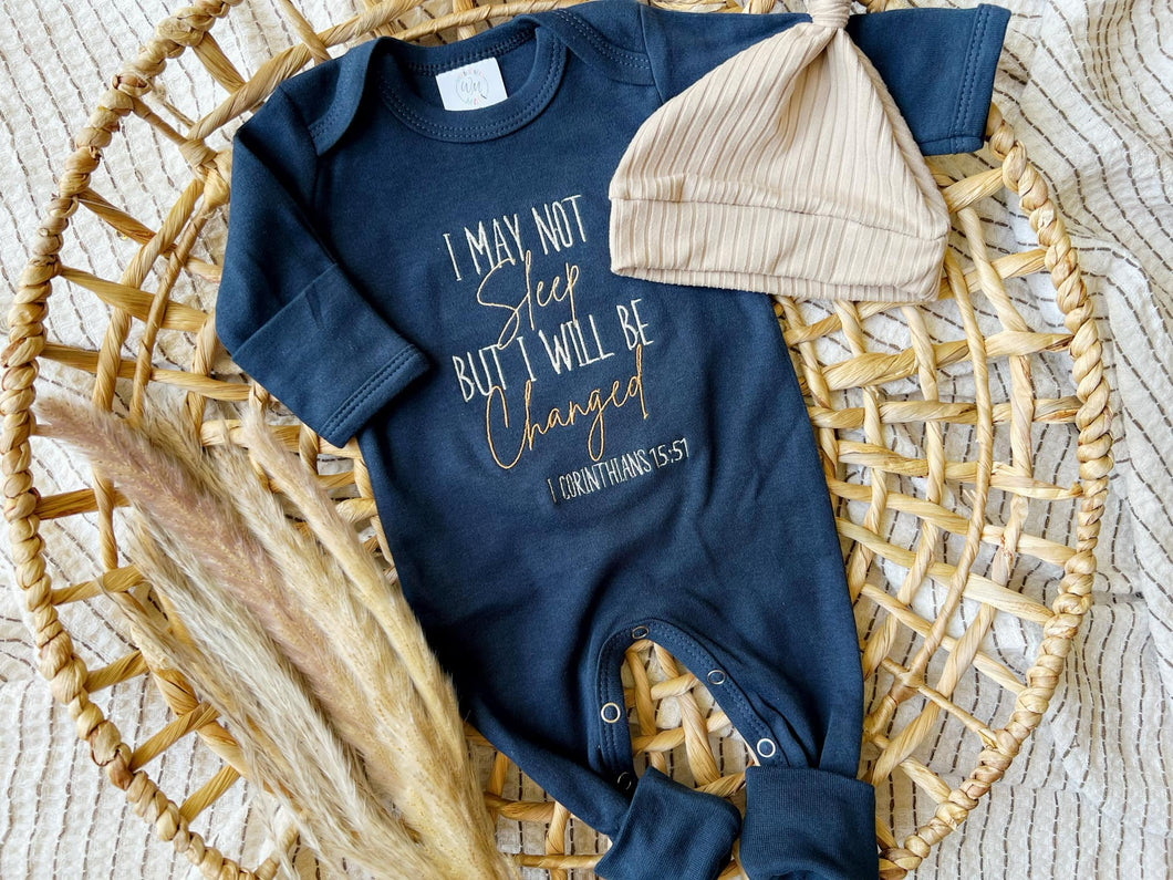 Baby Boy Outfit | Navy Romper - Funny Christian I May Not Sleep But I Will Be Changed