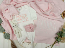 Load image into Gallery viewer, Personalized Baby Girl Outfit | White Cotton Romper Pink Baby Name
