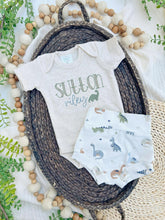 Load image into Gallery viewer, Personalized Baby Boy Outfit | Oatmeal Beige Bodysuit Green Dinosaur Blue Custom Name - Sutton Riley
