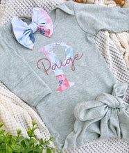 Load image into Gallery viewer, Personalized Baby Girl Outfit | Sage Knotted Gown Floral Pink Green - Paige
