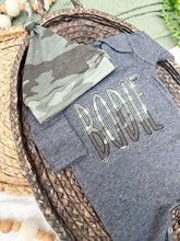 Load image into Gallery viewer, Personalized Baby Boy Outfit | Charcoal Gray Romper Green Camo Baby Name
