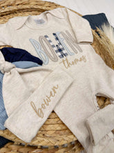 Load image into Gallery viewer, Personalized Baby Boy Outfit | Oatmeal Romper Blue Beige Plaid Neutral Baby Name
