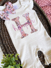 Load image into Gallery viewer, Personalized Baby Girl Outfit | Oatmeal Flutter Sleeve Ruffle Romper Floral Pink Baby Initials - Harper Madison
