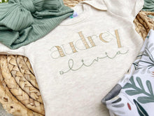 Load image into Gallery viewer, Personalized Baby Girl Outfit | Oatmeal Bodysuit Floral Sage Green Skirt Baby Name
