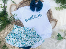 Load image into Gallery viewer, Personalized Baby Girl Outfit | White Bodysuit Blue Floral Skirt Baby Name- Hadleigh
