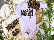 Load image into Gallery viewer, Personalized Baby Girl Outfit | Purple Romper Leopard Print Baby Name
