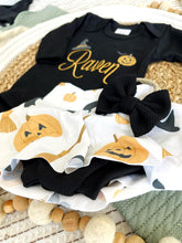 Load image into Gallery viewer, Personalized Halloween Baby Girl Outfit | Black Bodysuit Pumpkin Skirt Baby Name
