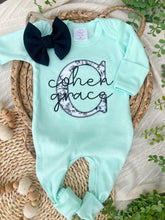 Load image into Gallery viewer, Personalized Baby Girl Outfit | Mint Romper White Black Floral Baby Name
