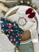 Load image into Gallery viewer, Baby&#39;s First Christmas Girl Outfit | Oatmeal Bodysuit Christmas Floral Skirt - Merry Christmas
