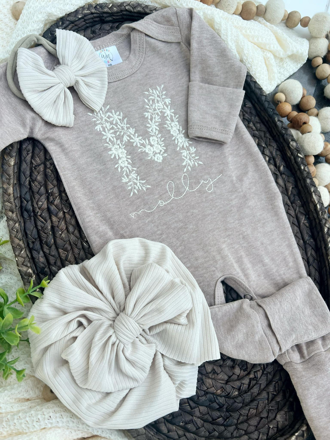 Personalized Baby Girl Outfit | Mocha Brown Romper Ivory Floral Letter - Molly Maelyn