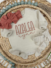 Load image into Gallery viewer, Personalized Baby Girl Newborn Outfit | Oatmeal Sweater Romper Pink Baby Name
