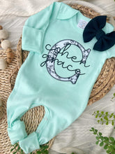 Load image into Gallery viewer, Personalized Baby Girl Outfit | Mint Romper White Black Floral Baby Name
