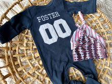 Load image into Gallery viewer, Personalized Baby Boy Outfit | Navy Romper - Jersey Style Football Baseball Baby Name
