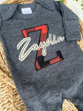 Load image into Gallery viewer, Personalized Baby Boy Name Outfit | Charcoal Gray Romper Red Buffalo Plaid Initial Tan Felt Name
