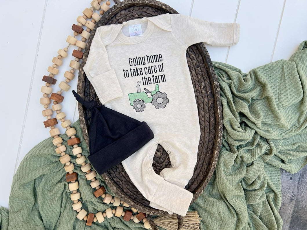 Farm Baby Outfit | Oatmeal Romper Green Tractor - Going Home