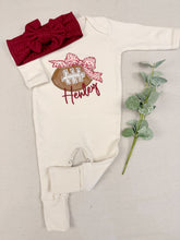 Load image into Gallery viewer, Baby Girl Football Outfit &amp; Bow | Personalized Baby Game Day Romper
