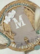 Load image into Gallery viewer, Personalized Baby Girl Outfit | Mocha Brown Flutter Sleeve Ruffle Romper Floral White Baby Name
