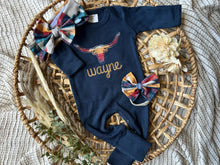 Load image into Gallery viewer, Personalized Baby Girl Outfit | Navy Romper - Western Longhorn Roping Baby Name
